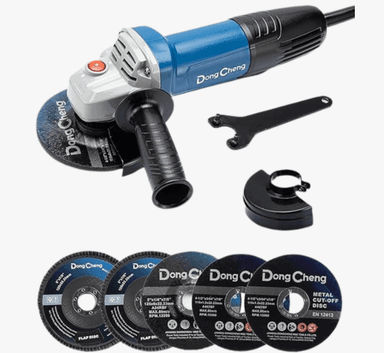 Amoladora Angular DongCheng de 4-1/2 pulgadas, interruptor de paleta, 6.7 amperios, incluye discos de corte, molienda y solapa